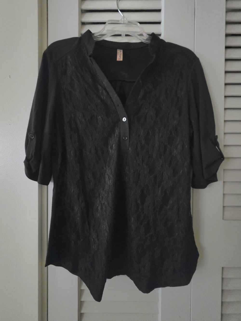 PerSeption Concept Black Lace-Front Roll-Tab Sleeve Tunic